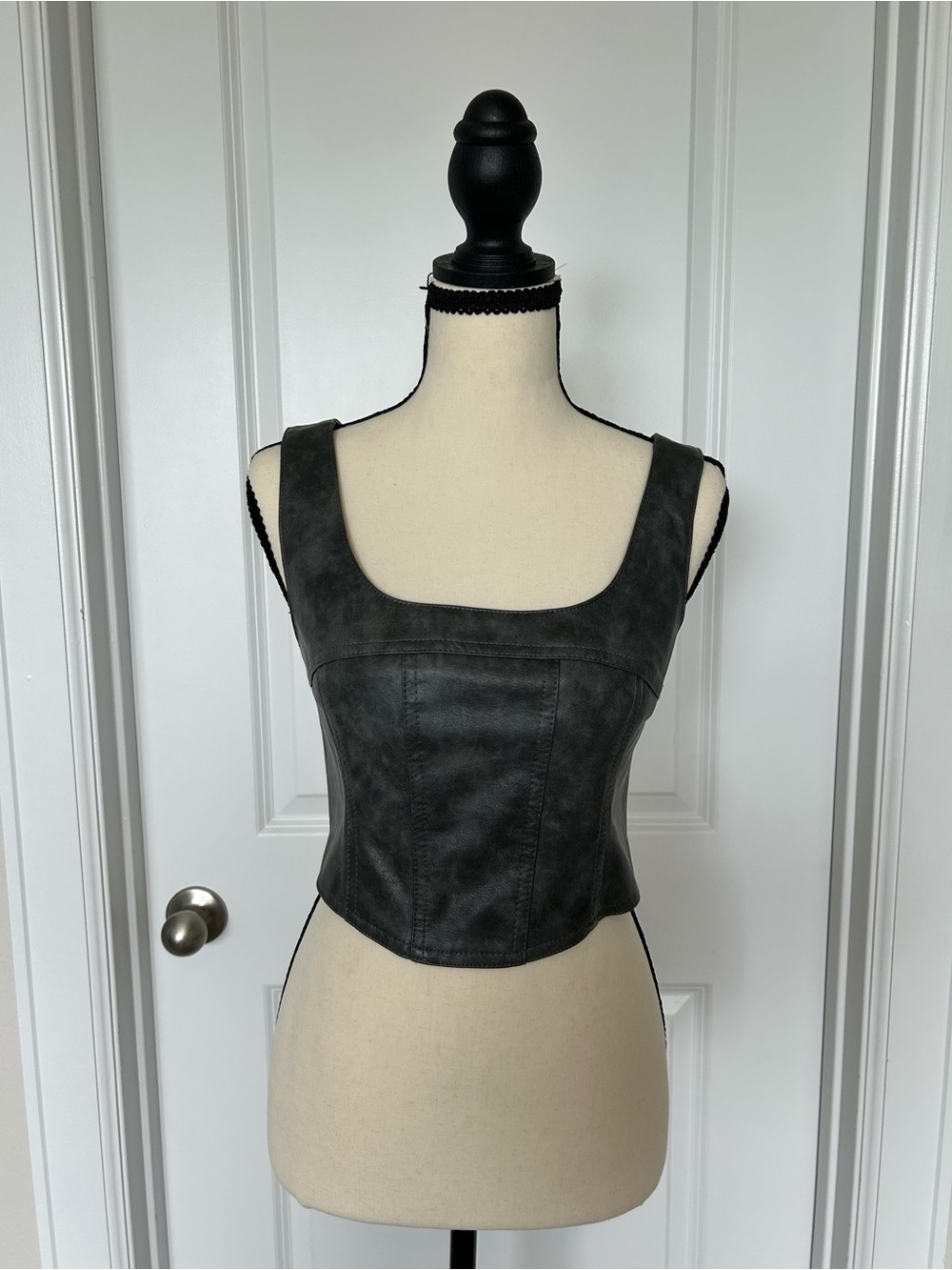 Black Faux Leather Square-Neck Crop Top